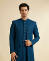 alt message - Manyavar Men Teal Blue Sequinned Layered Indo Western Set image number 0