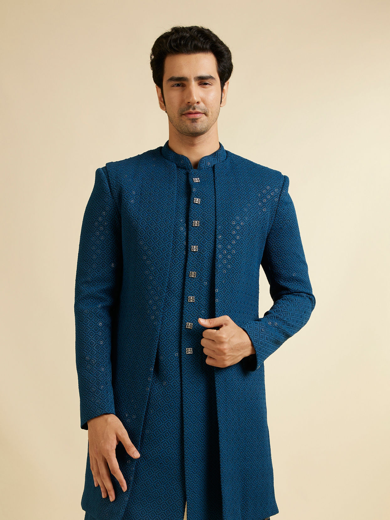 alt message - Manyavar Men Teal Blue Sequinned Layered Indo Western Set image number 0