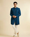 Manyavar Men Teal Blue Sequinned Layered Indo Western Set