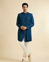 alt message - Manyavar Men Teal Blue Sequinned Layered Indo Western Set image number 2