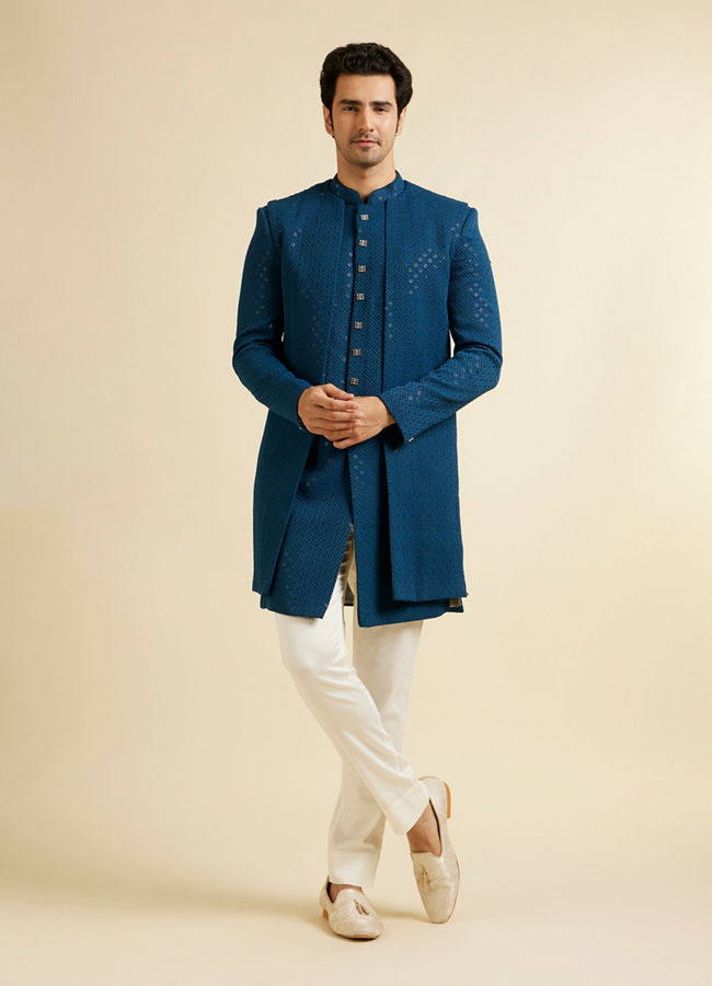 alt message - Manyavar Men Teal Blue Sequinned Layered Indo Western Set image number 2