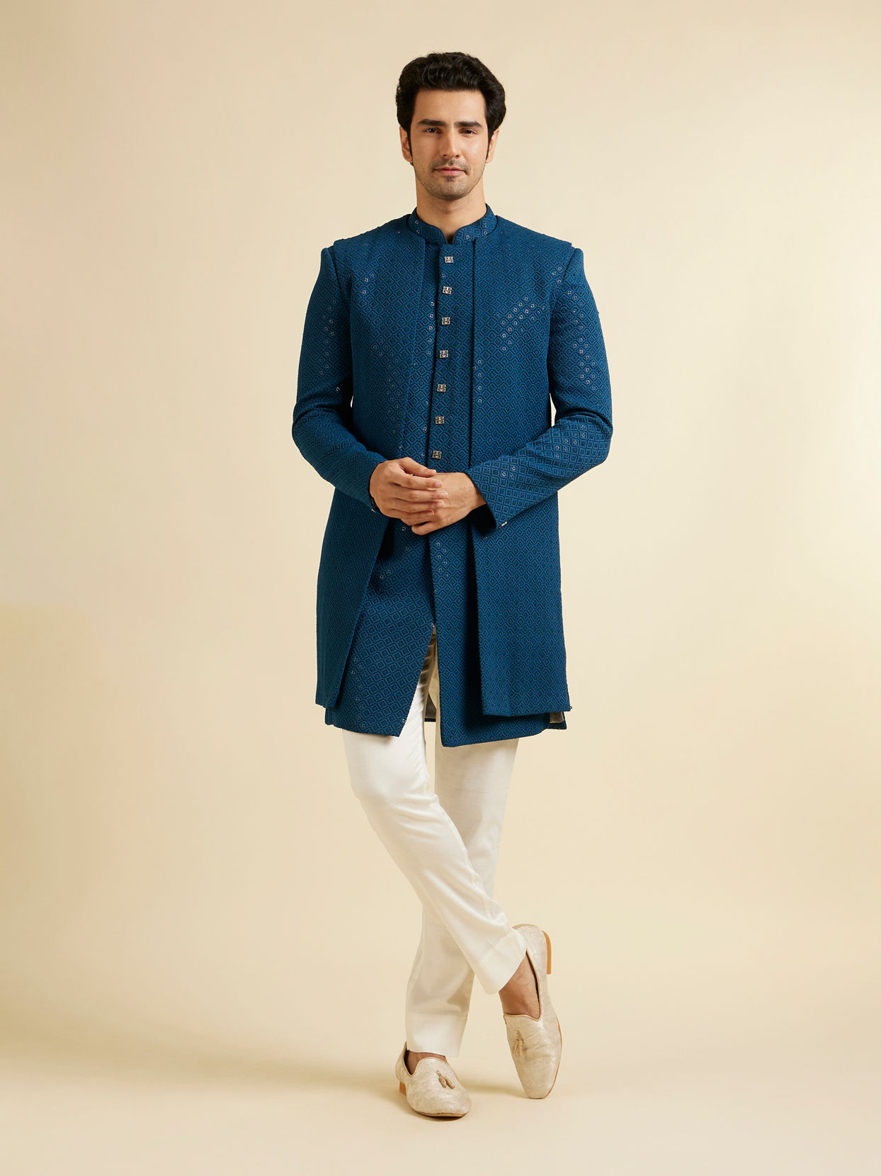 alt message - Manyavar Men Teal Blue Sequinned Layered Indo Western Set image number 2