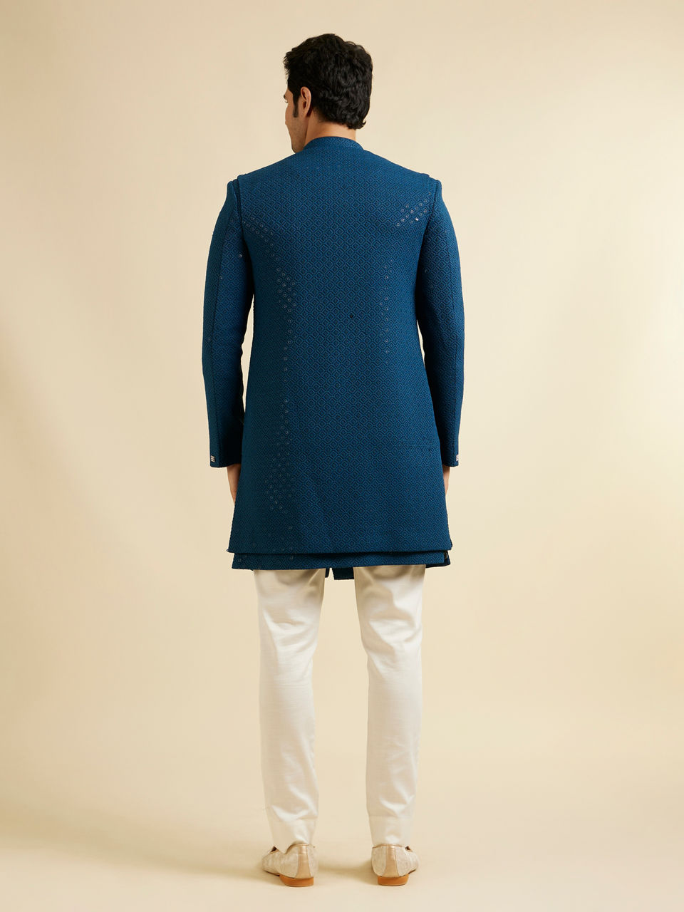 Manyavar Men Teal Blue Sequinned Layered Indo Western Set