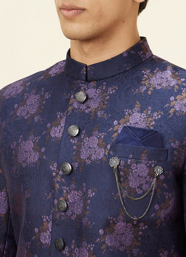 Manyavar Men Midnight Blue Floral Pattern Indo Western Set
