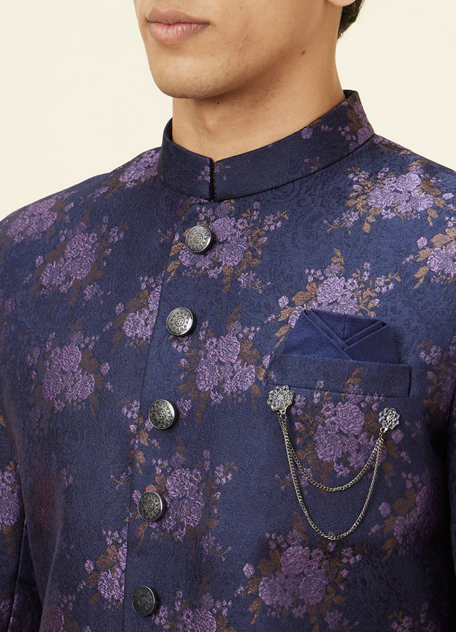 alt message - Manyavar Men Midnight Blue Floral Pattern Indo Western Set image number 1