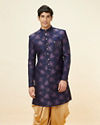 alt message - Manyavar Men Midnight Blue Floral Pattern Indo Western Set image number 0