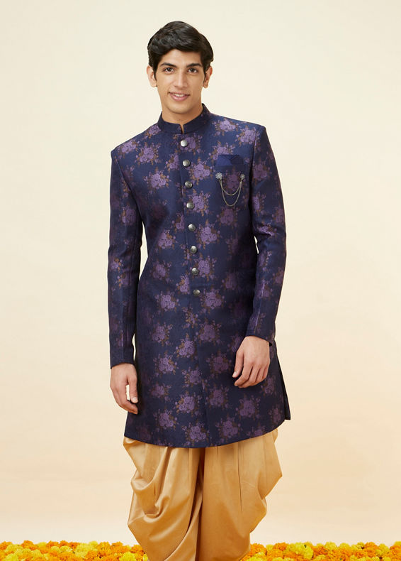 Manyavar Men Midnight Blue Floral Pattern Indo Western Set