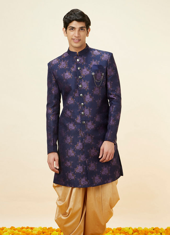 alt message - Manyavar Men Midnight Blue Floral Pattern Indo Western Set image number 0