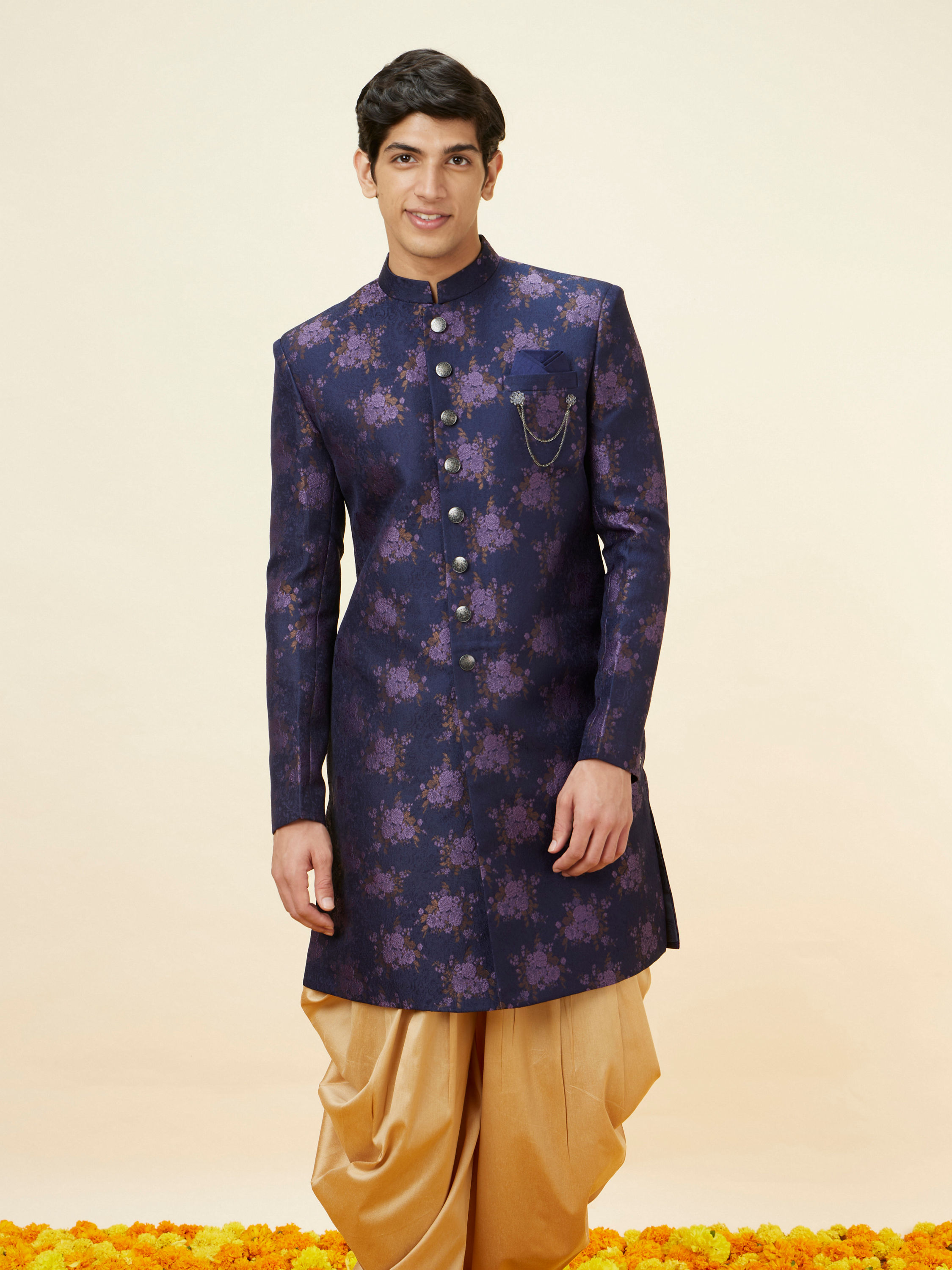 Manyavar Men Midnight Blue Floral Pattern Indo Western Set