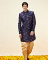 Manyavar Men Midnight Blue Floral Pattern Indo Western Set