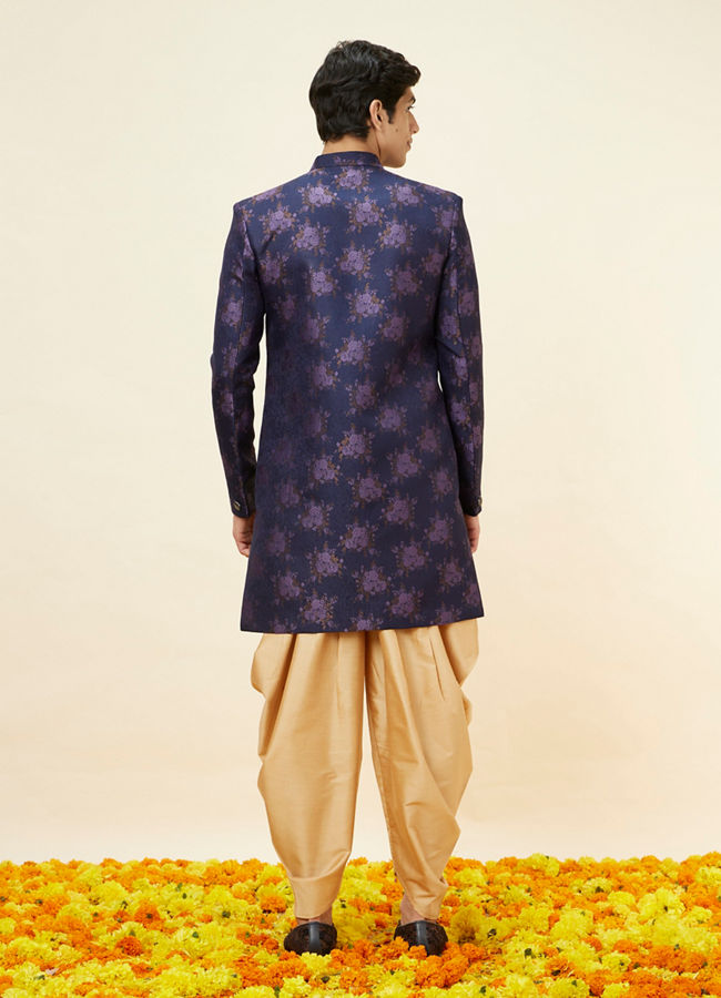 Manyavar Men Midnight Blue Floral Pattern Indo Western Set