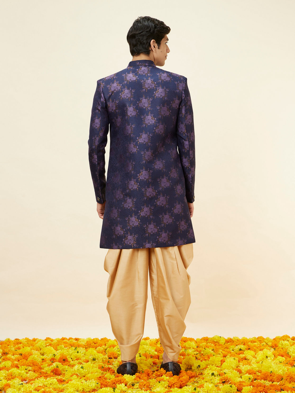 Manyavar Men Midnight Blue Floral Pattern Indo Western Set