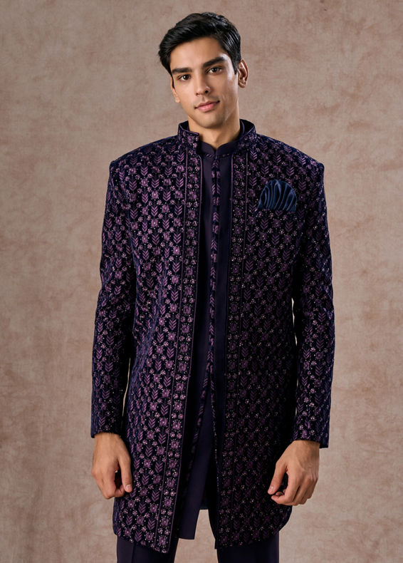 Manyavar Men Regal Purple Velvet Elegance Indo Western