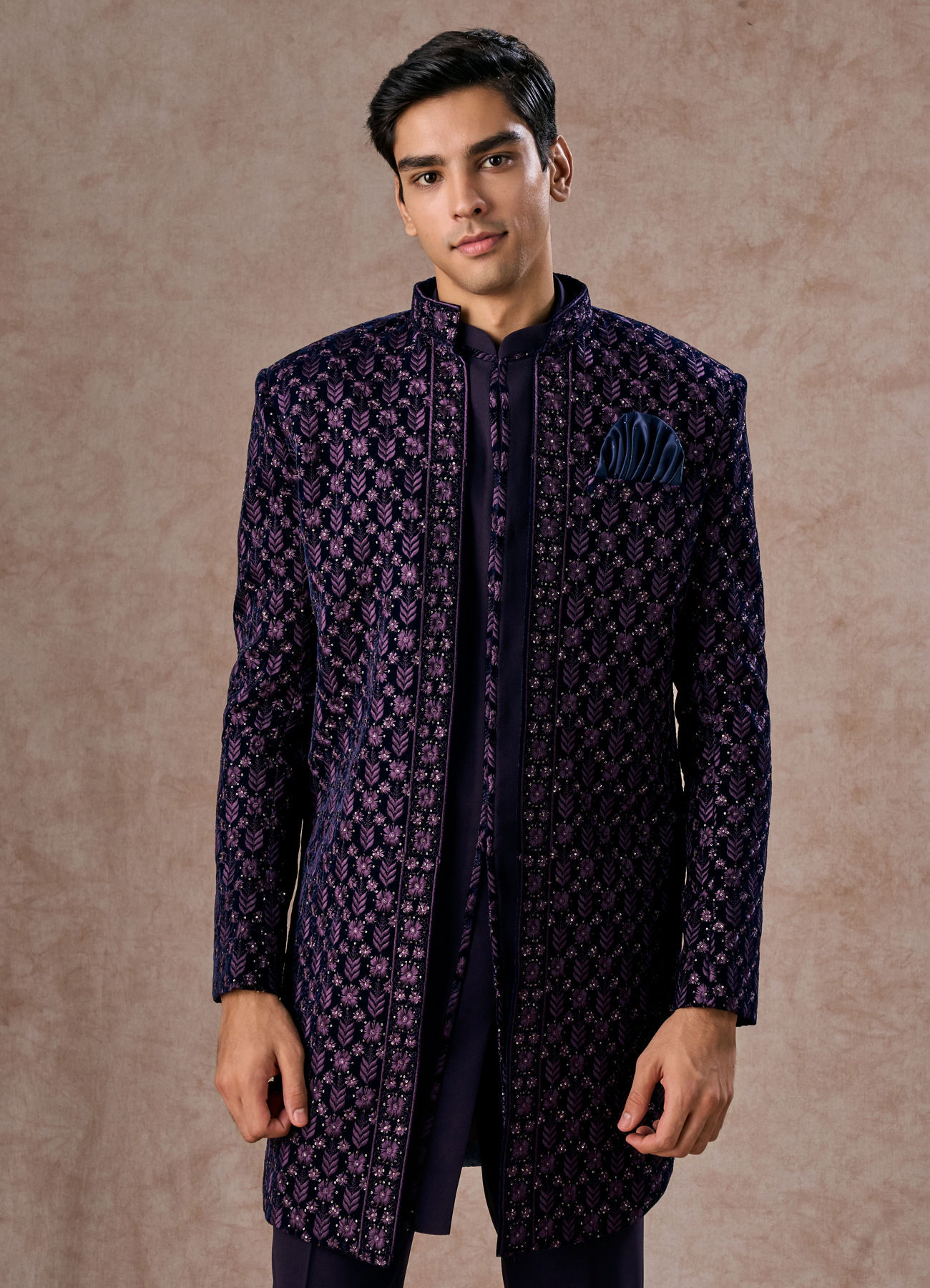 Manyavar Men Regal Purple Velvet Elegance Indo Western