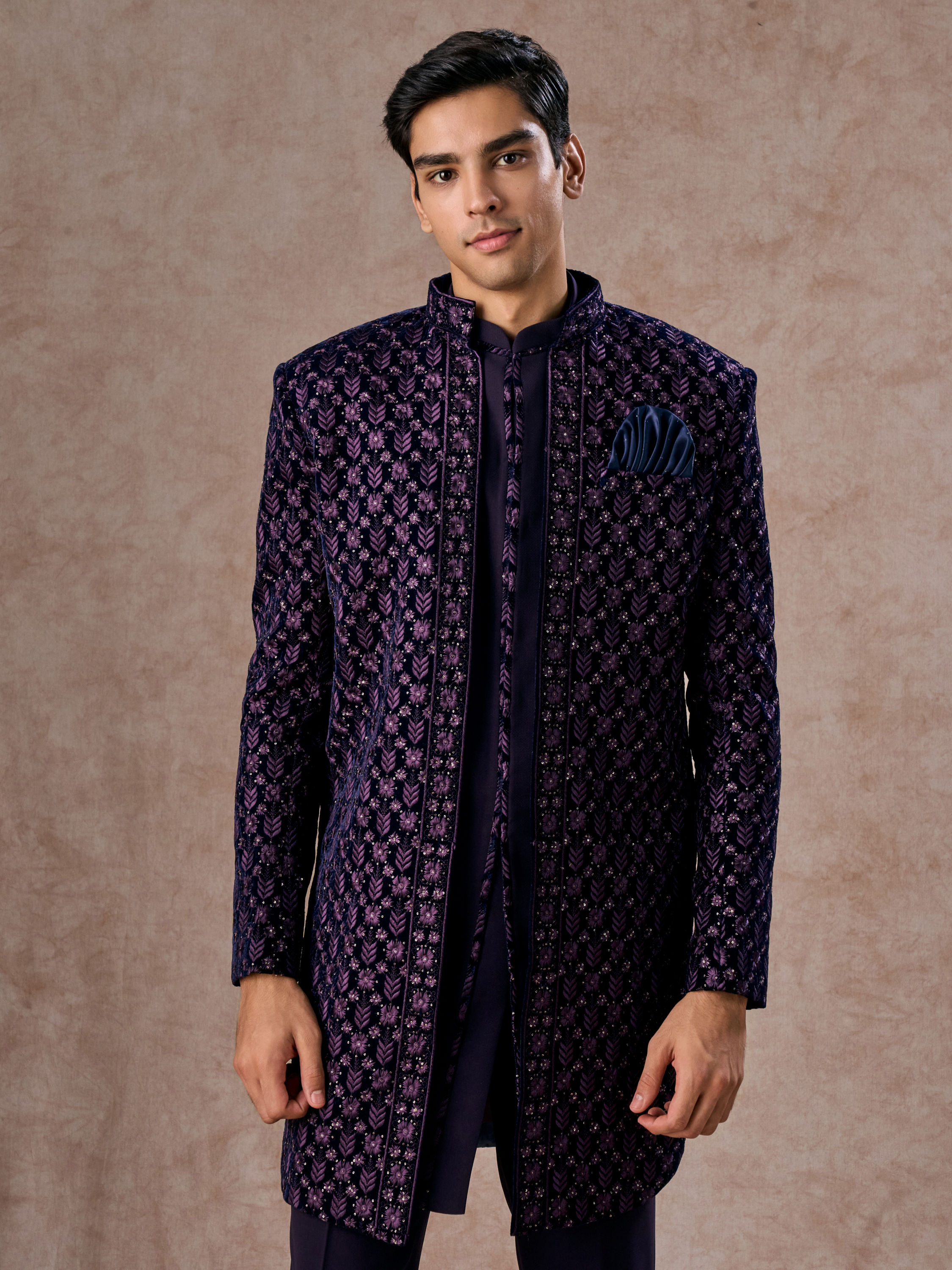 Manyavar Men Regal Purple Velvet Elegance Indo Western