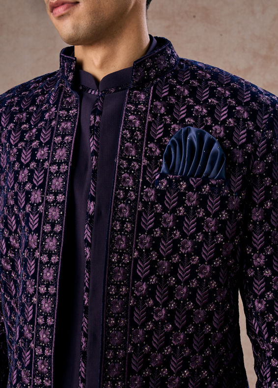 Manyavar Men Regal Purple Velvet Elegance Indo Western