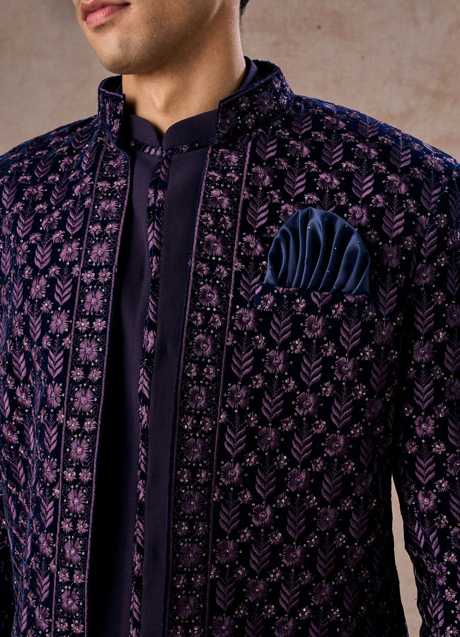 Manyavar Men Regal Purple Velvet Elegance Indo Western