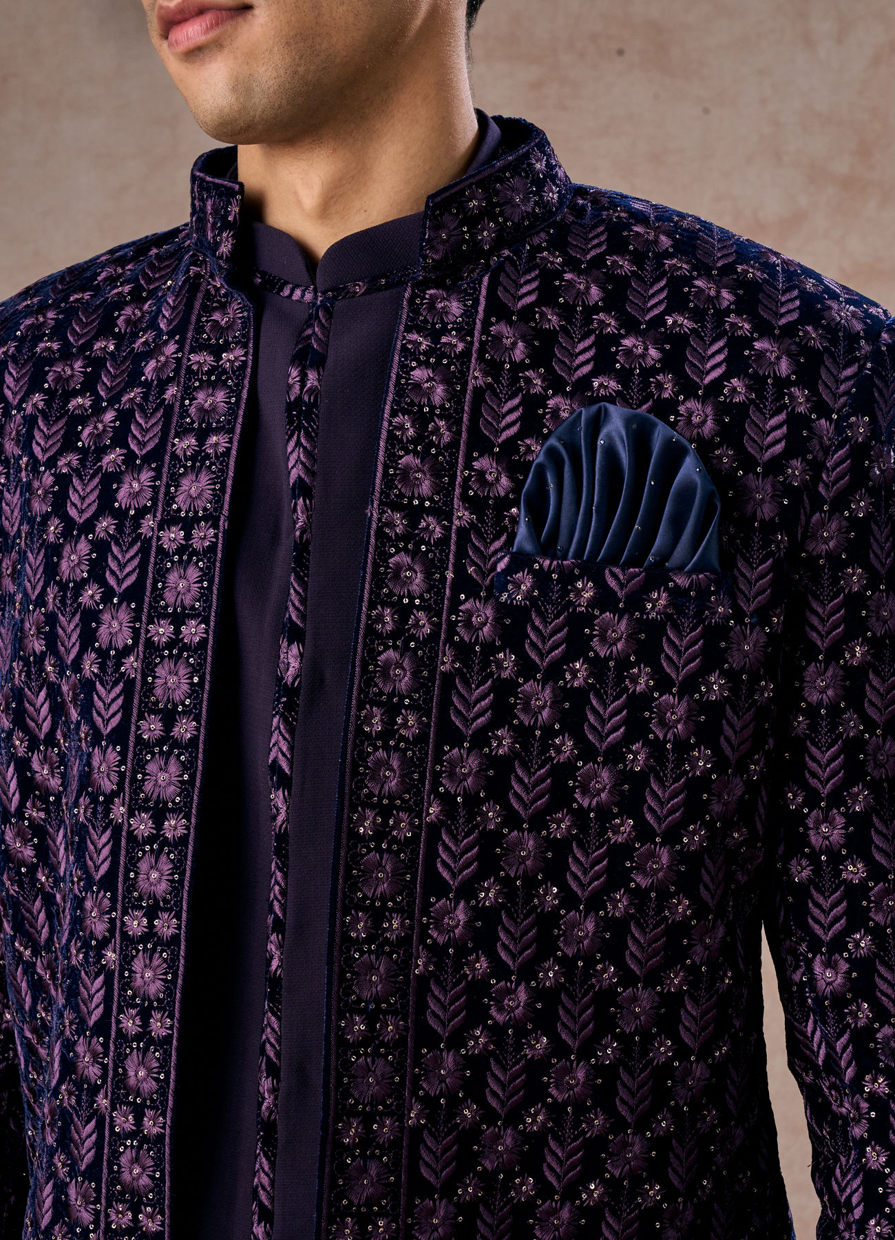 Manyavar Men Regal Purple Velvet Elegance Indo Western