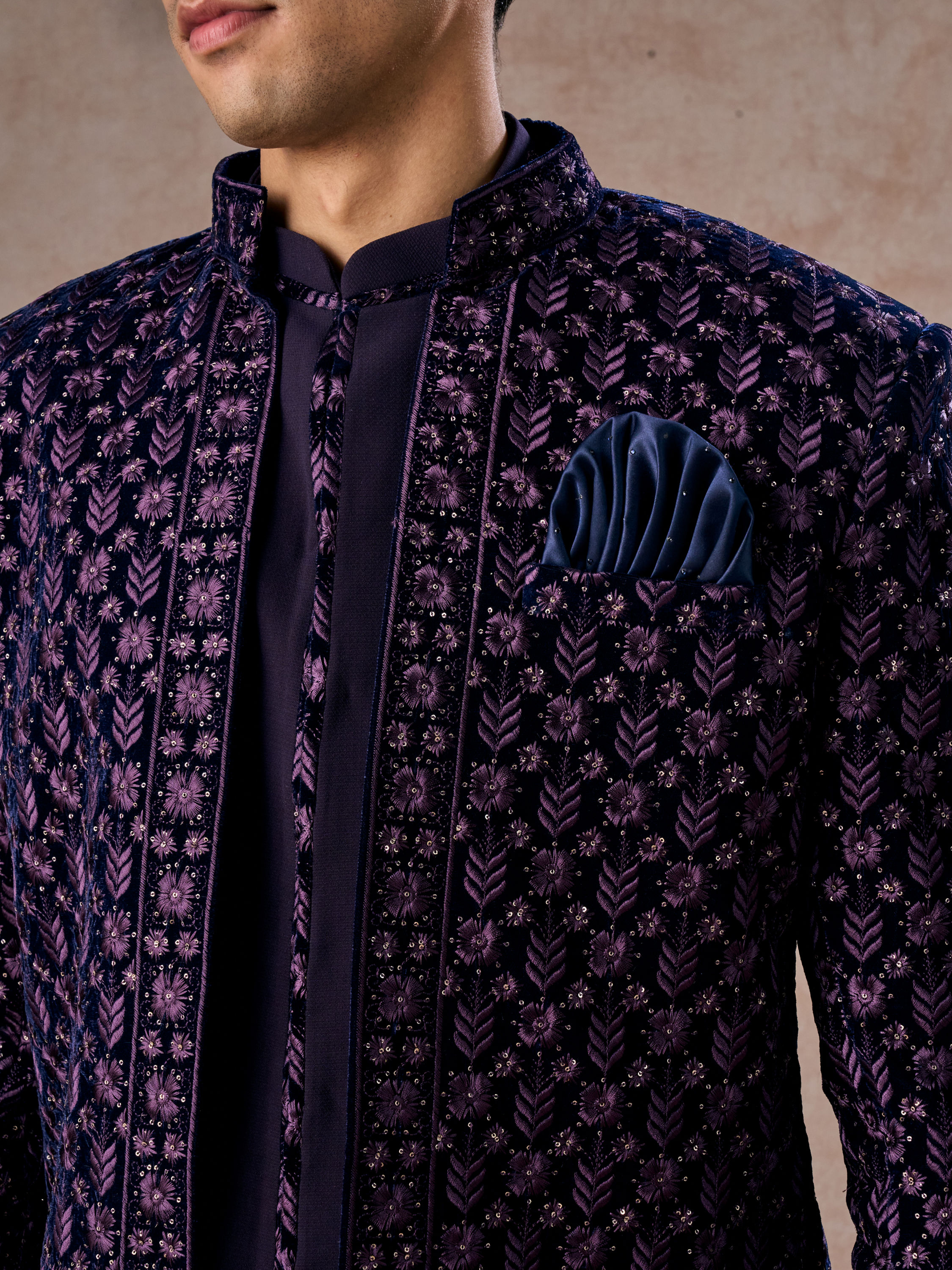 Manyavar Men Regal Purple Velvet Elegance Indo Western