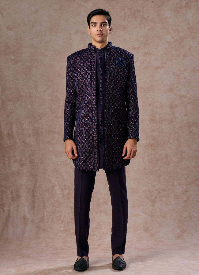 Manyavar Men Regal Purple Velvet Elegance Indo Western