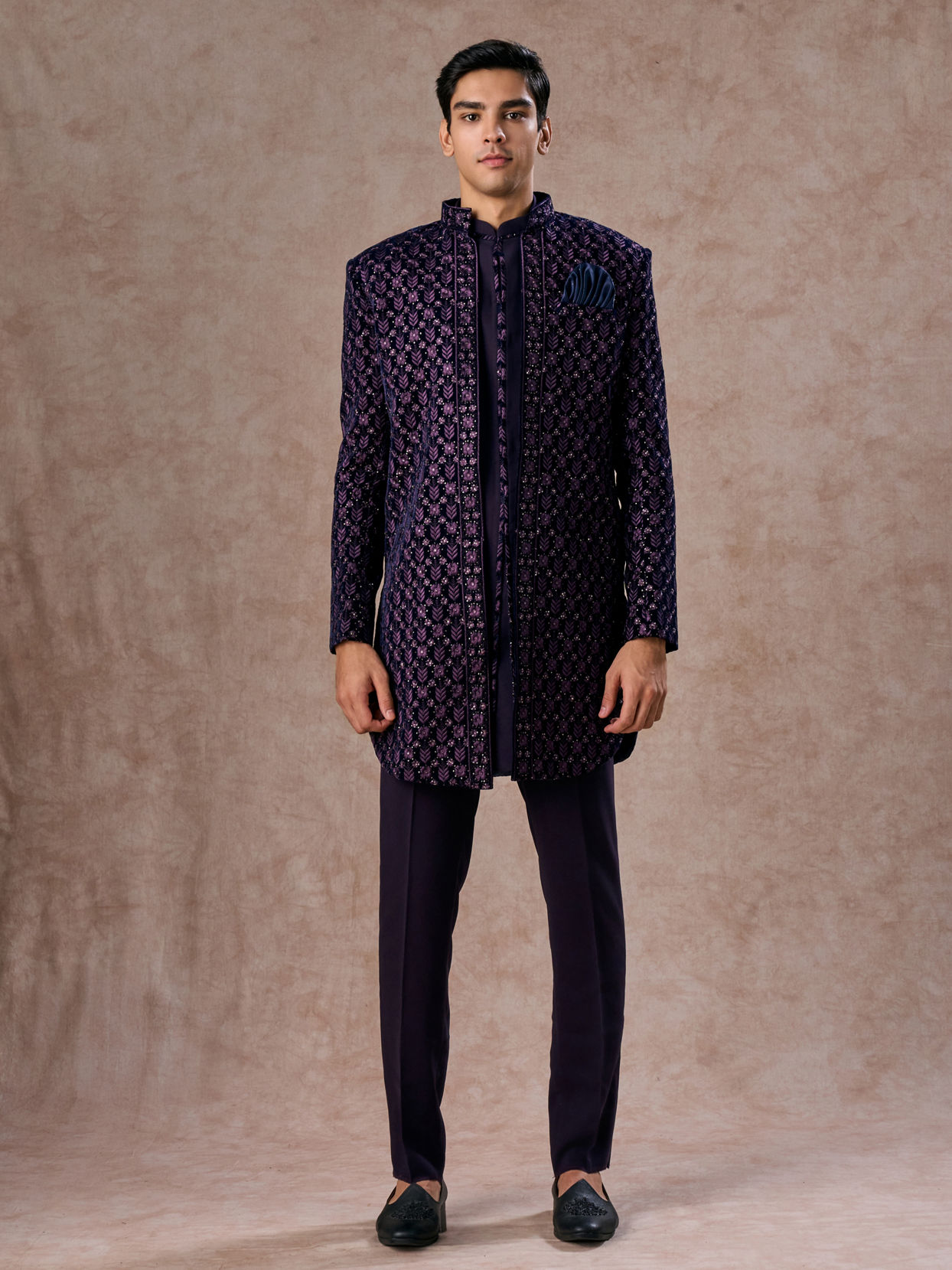 Manyavar Men Regal Purple Velvet Elegance Indo Western