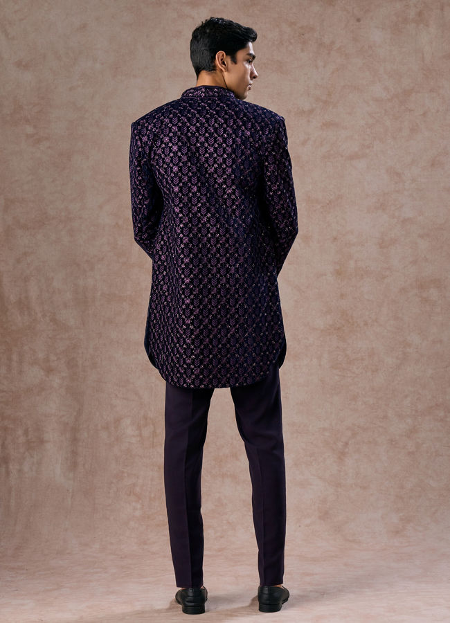 Manyavar Men Regal Purple Velvet Elegance Indo Western