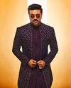 alt message - Manyavar Men Mauve Wine Floral String Patterned Indo Western Jacket Set image number 0