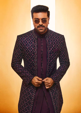 alt message - Manyavar Men Mauve Wine Floral String Patterned Indo Western Jacket Set image number 0