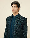 alt message - Manyavar Men Space Blue Floral Embroidered Layered Indo Western Set image number 1