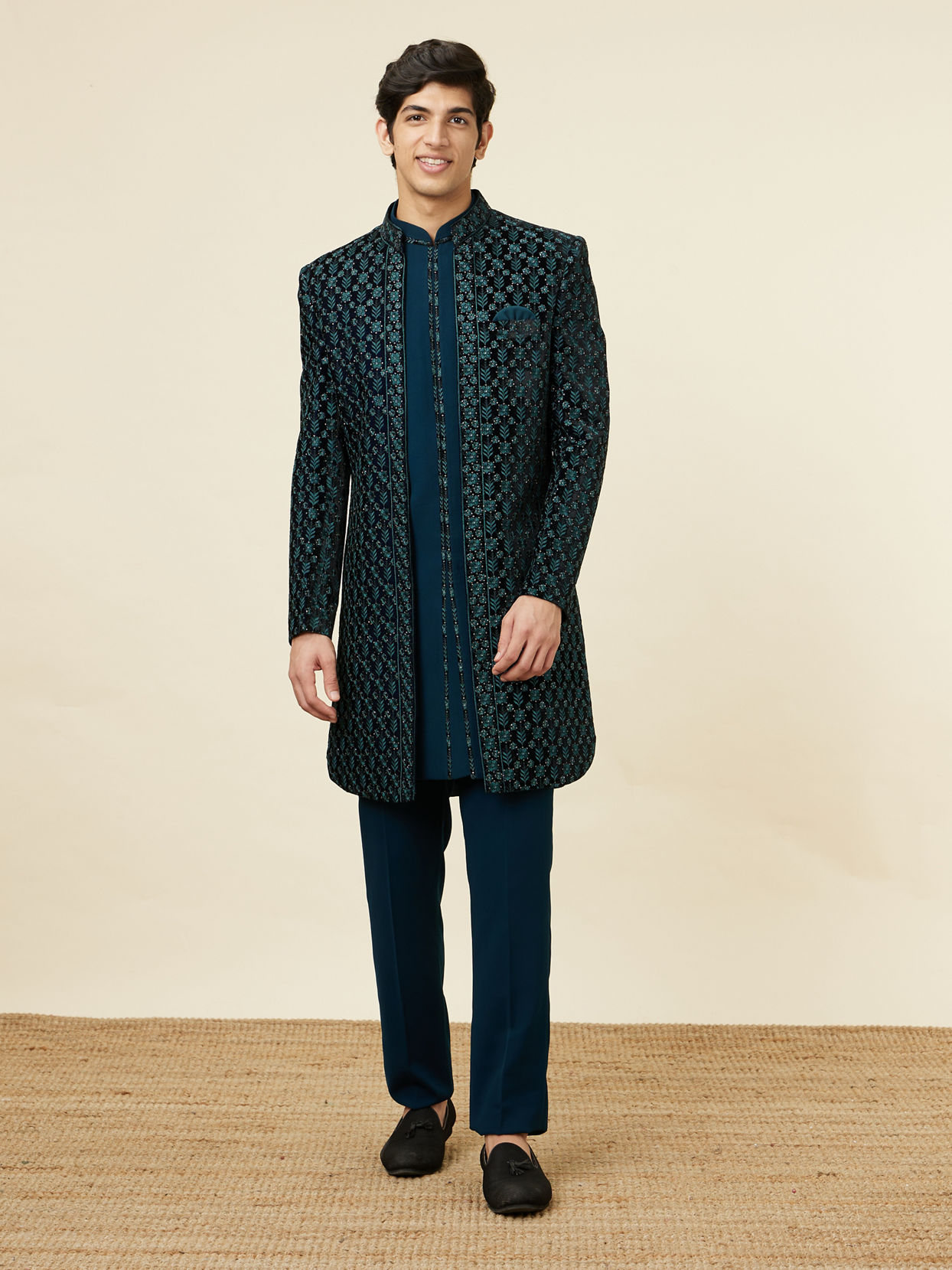 alt message - Manyavar Men Space Blue Floral Embroidered Layered Indo Western Set image number 3