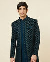 alt message - Manyavar Men Space Blue Floral Embroidered Layered Indo Western Set image number 0