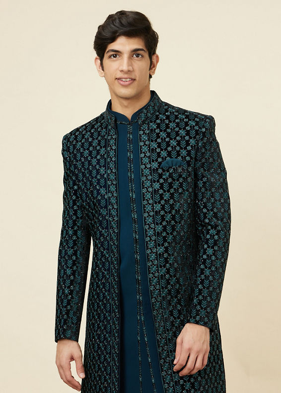 Manyavar Men Space Blue Floral Embroidered Layered Indo Western Set