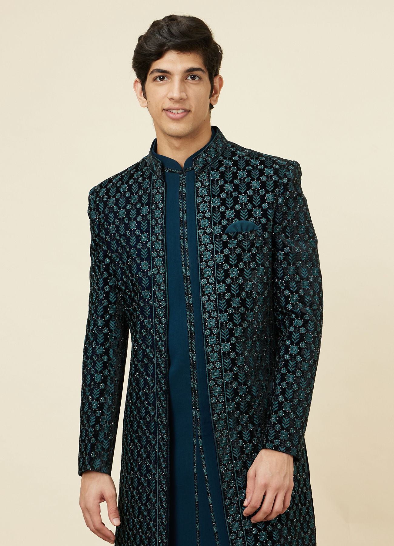 Manyavar Men Space Blue Floral Embroidered Layered Indo Western Set