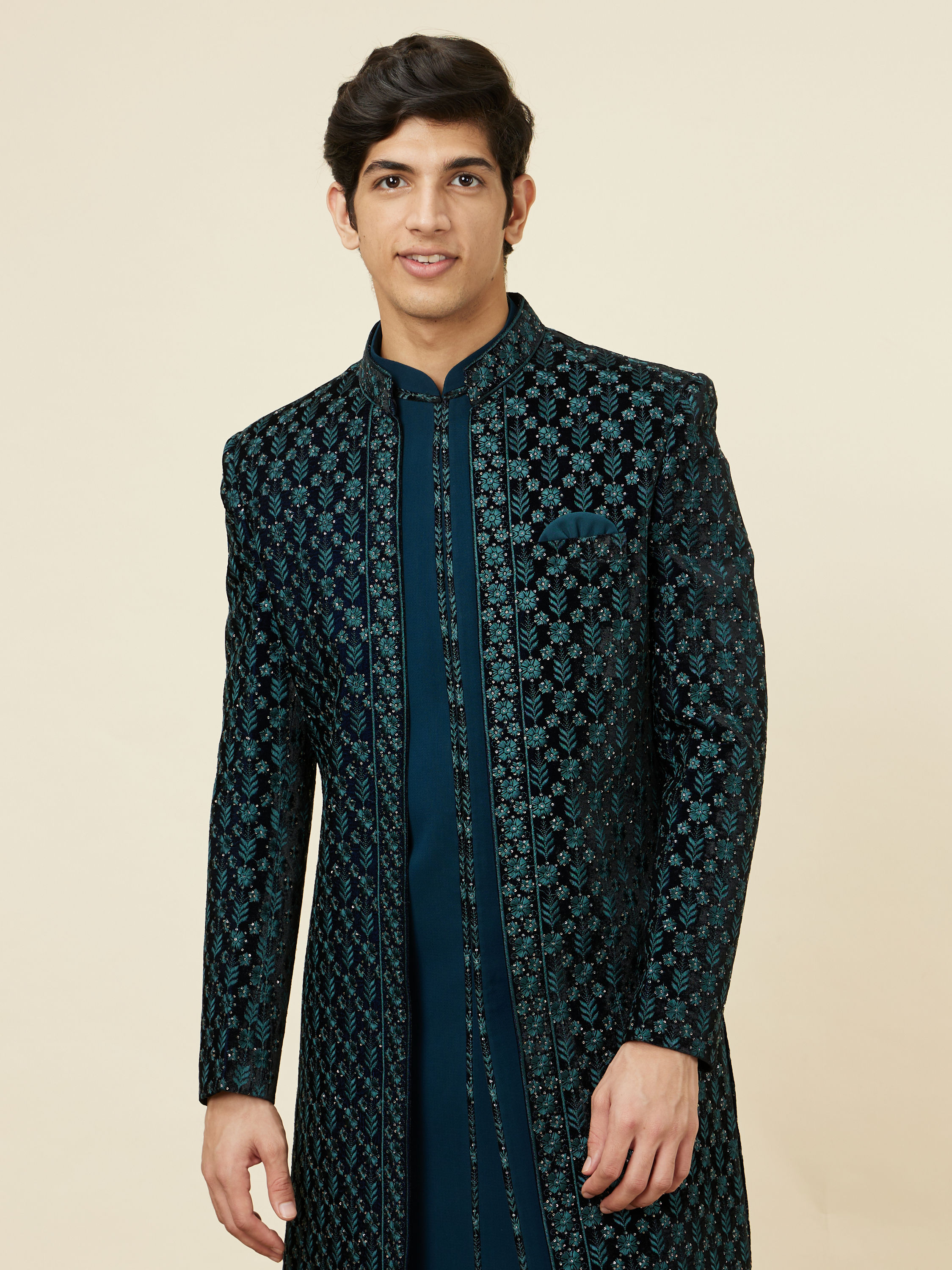 Manyavar Men Space Blue Floral Embroidered Layered Indo Western Set