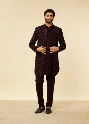 alt message - Manyavar Men Mauve Wine Floral String Patterned Indo Western Jacket Set image number 3