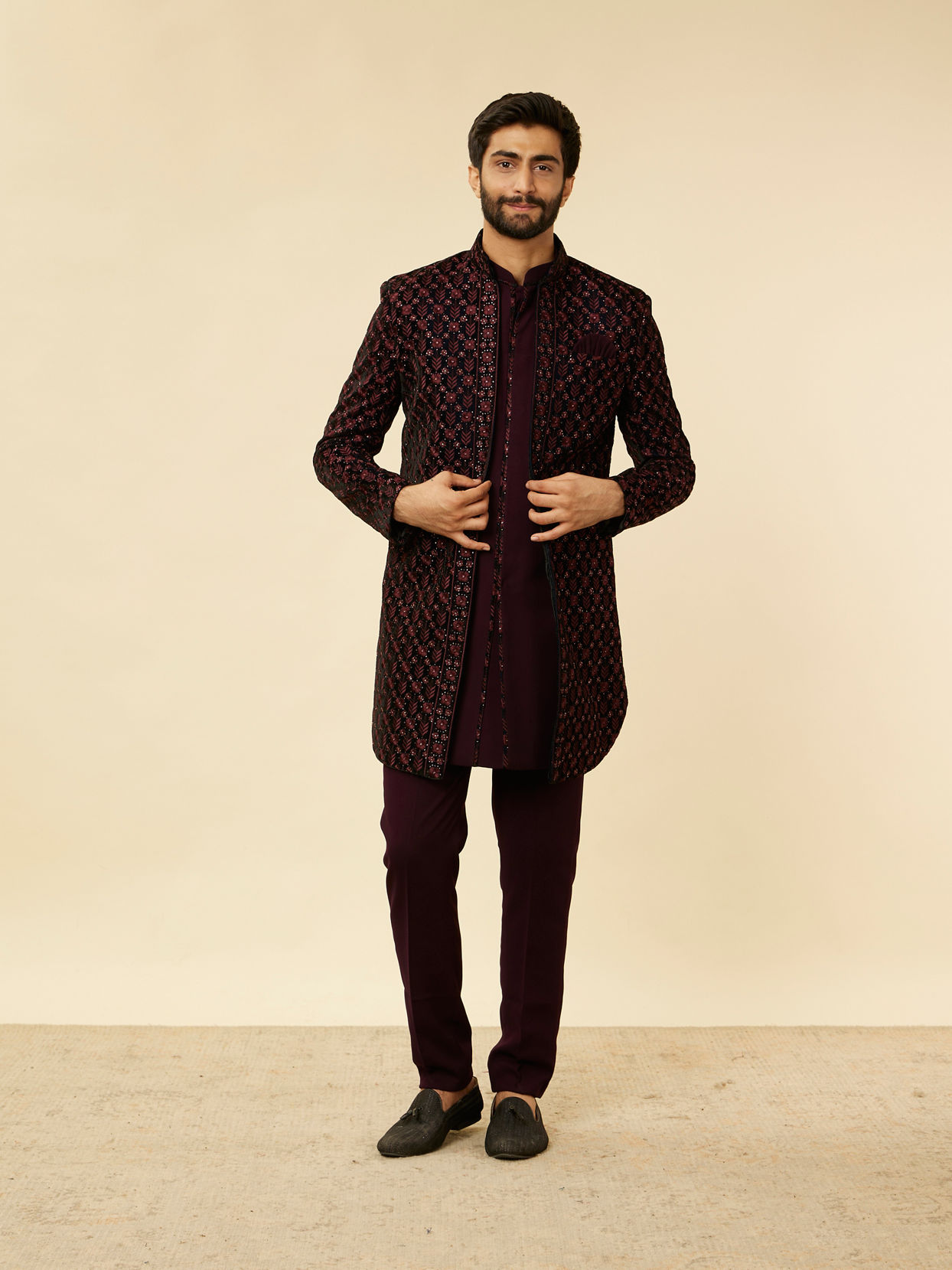 Manyavar Men Mauve Wine Floral String Patterned Indo Western Jacket Set