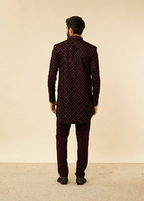 alt message - Manyavar Men Mauve Wine Floral String Patterned Indo Western Jacket Set image number 5