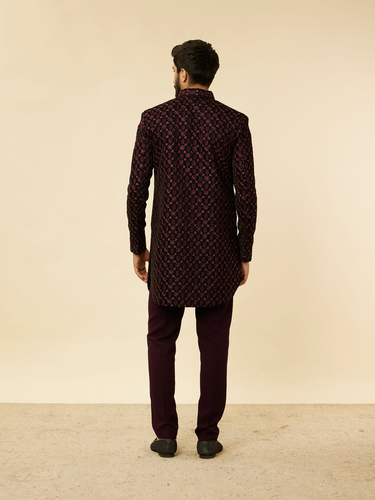 Manyavar Men Mauve Wine Floral String Patterned Indo Western Jacket Set