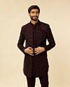 alt message - Manyavar Men Mauve Wine Floral String Patterned Indo Western Jacket Set image number 1