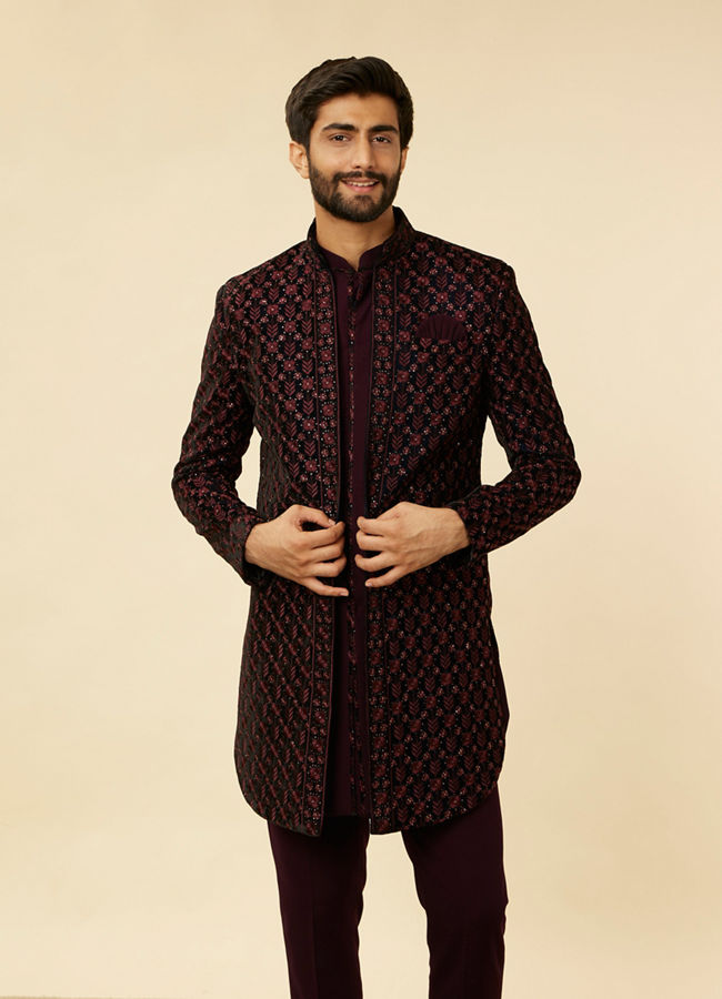 alt message - Manyavar Men Mauve Wine Floral String Patterned Indo Western Jacket Set image number 1