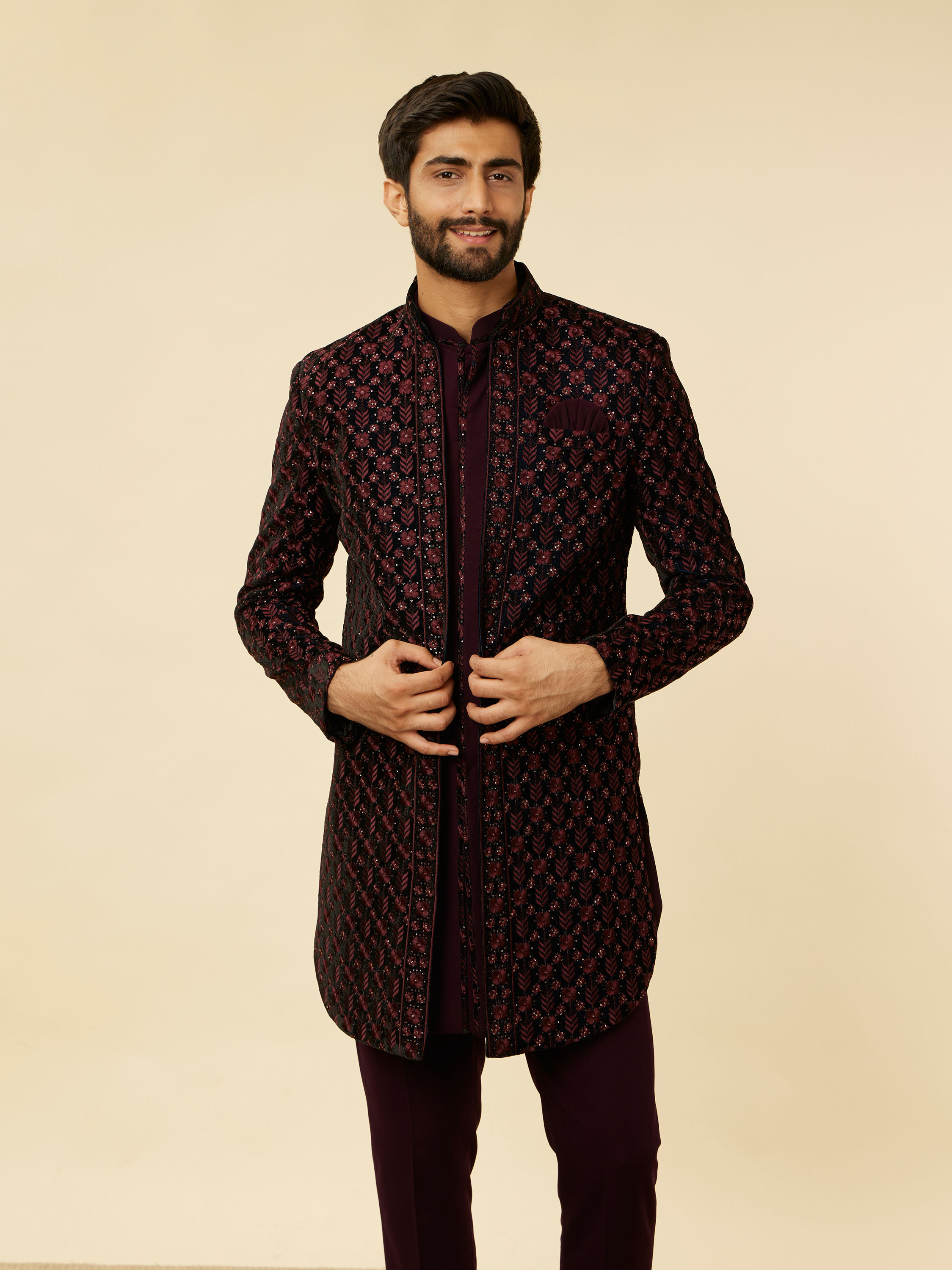 Manyavar Men Mauve Wine Floral String Patterned Indo Western Jacket Set