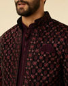 alt message - Manyavar Men Mauve Wine Floral String Patterned Indo Western Jacket Set image number 2