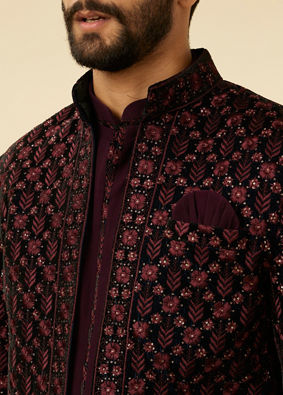 Mauve Wine Floral String Patterned Indo Western Jacket Set image number 2