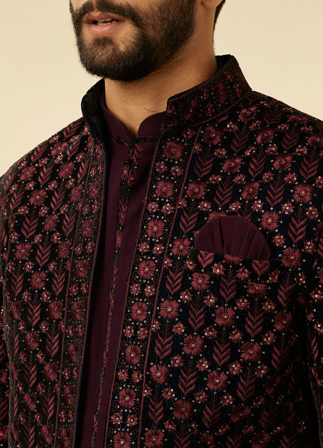 alt message - Manyavar Men Mauve Wine Floral String Patterned Indo Western Jacket Set image number 2