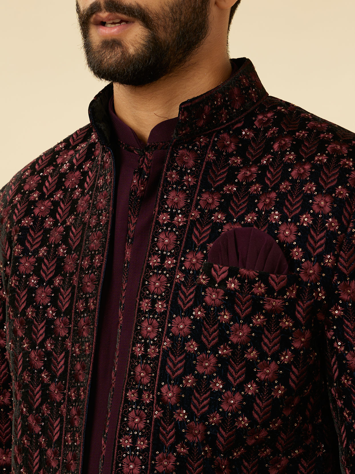 alt message - Manyavar Men Mauve Wine Floral String Patterned Indo Western Jacket Set image number 2