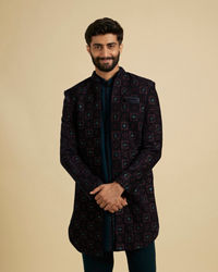 Manyavar Men Dark Blue and Teal Green Indo Western Set with Chowkadi Motifs