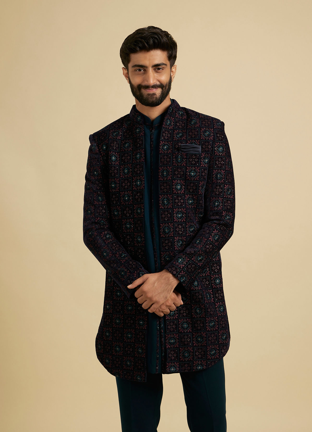 Manyavar Men Dark Blue and Teal Green Indo Western Set with Chowkadi Motifs