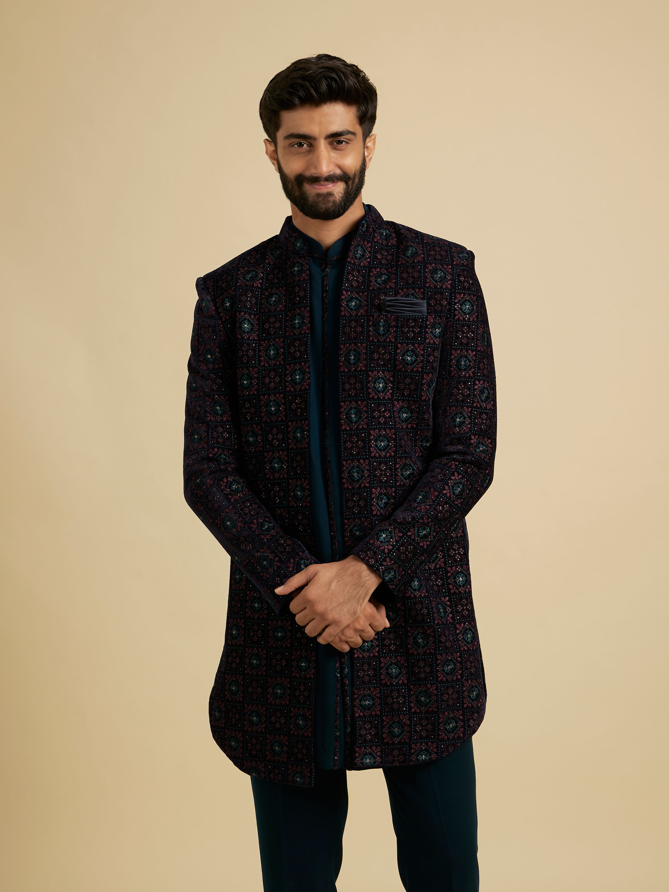 Manyavar Men Dark Blue And Teal Green Indo Western Set with Chowkadi Motifs And Patra Work