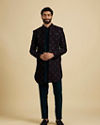 Manyavar Men Dark Blue And Teal Green Indo Western Set with Chowkadi Motifs And Patra Work