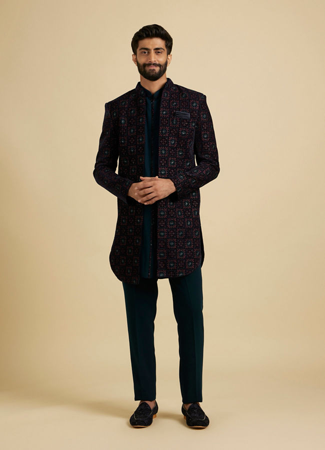 Manyavar Men Dark Blue And Teal Green Indo Western Set with Chowkadi Motifs And Patra Work